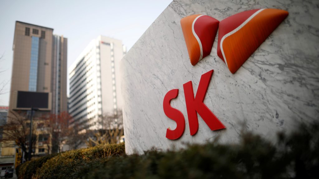 The logo of SK Innovation is seen in front of its headquarters in Seoul