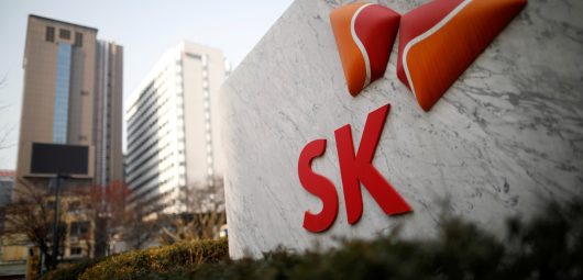 The logo of SK Innovation is seen in front of its headquarters in Seoul