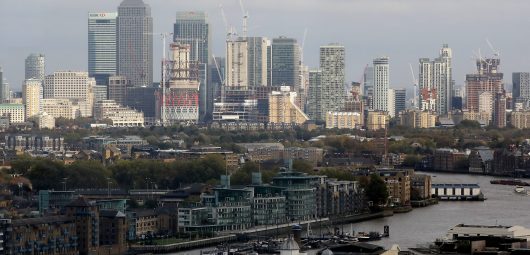 General view of Canary Wharf financial district in London