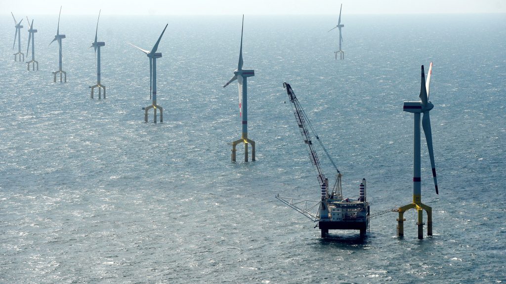 Windmills of the wind farm BARD Offshore 1, are pictured 100 kilometres north-west of the German island of Borkum