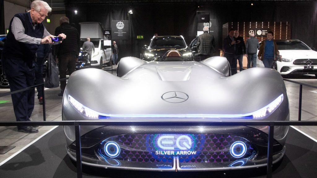 An electric-powered Mercedes-Benz EQ Silver Arrow conception car is seen at the Auto Zurich Car Show 2022 in Zurich, Switzerland, November 10, 2022. REUTERS/Arnd Wiegmann